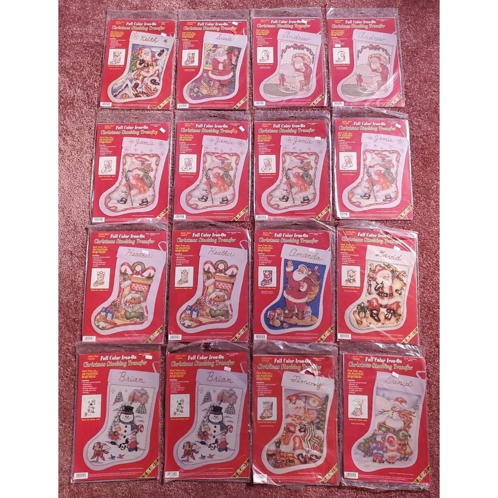 Lot of 16 Vintage Full Color Iron On Christmas Stocking Kit by Plaid Santa Snow